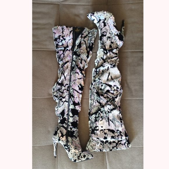 Just Add Glitter Over The Knee Boot - Blue | Fashion Nova Sequin Over-The-Knee Heeled Multi-Pastel Boot